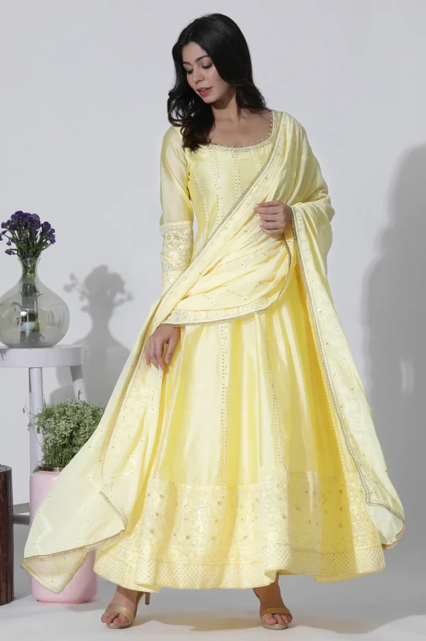 yellow chanderi panelled thread work anarkali kurta, churidar and dupatta set
