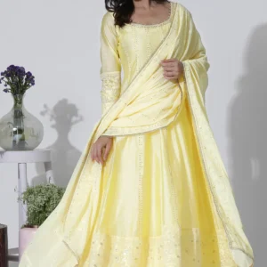 yellow chanderi panelled thread work anarkali kurta, churidar and dupatta set