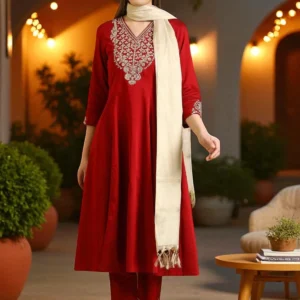 dark red solid metallic emnbroidery anarkali kurta, pants and dupatta set