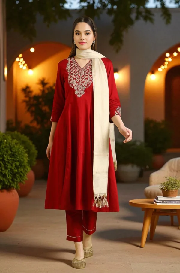 dark red solid metallic emnbroidery anarkali kurta, pants and dupatta set