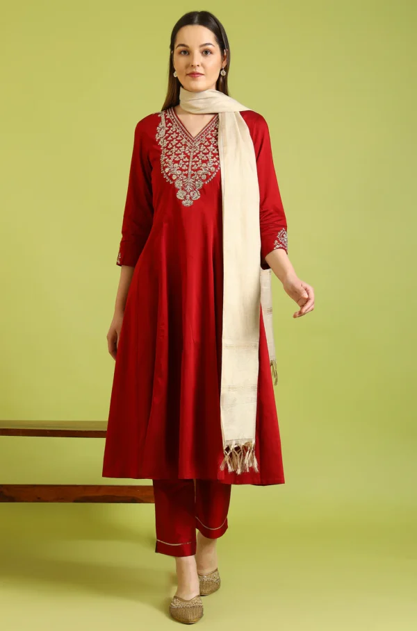 dark red solid metallic emnbroidery anarkali kurta, pants and dupatta set