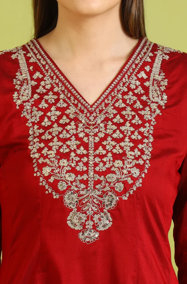 dark red solid metallic emnbroidery anarkali kurta, pants and dupatta set