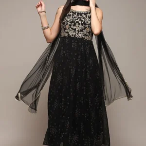 black polyester flared solid dress