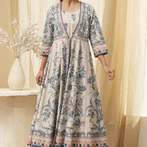 beige and blue printed front open kurta set