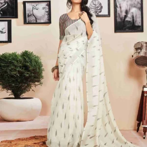 ready to wear white cotton printed saree