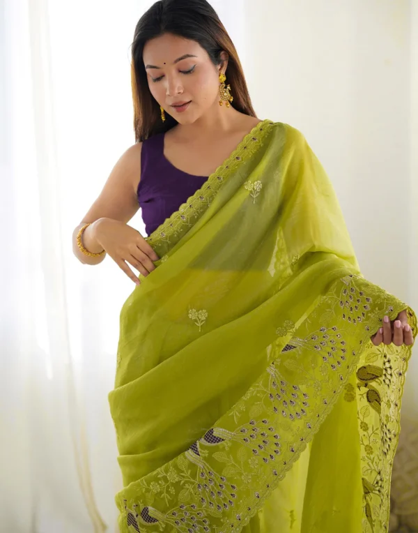 mustard green silk sequence embroidery saree