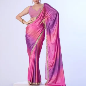 pink chinnon lace solid saree