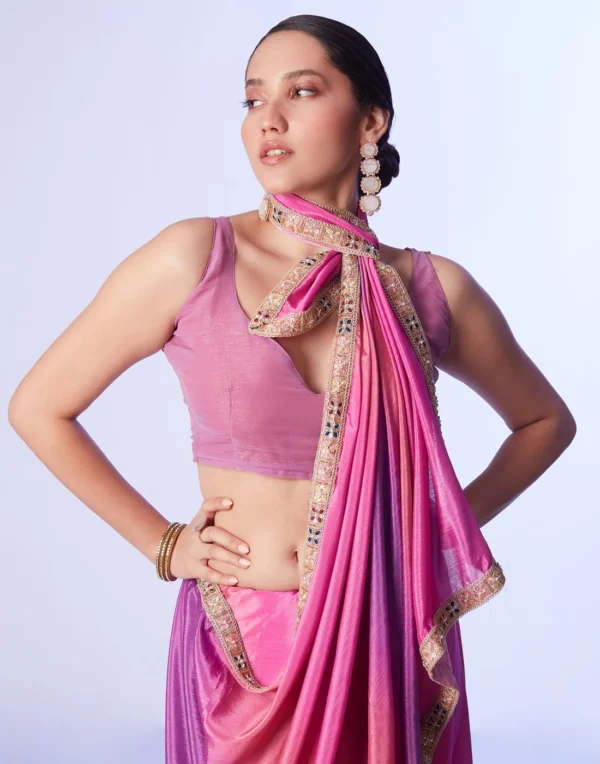 pink chinnon lace solid saree