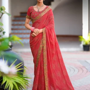 peach georgette printed bandhani saree