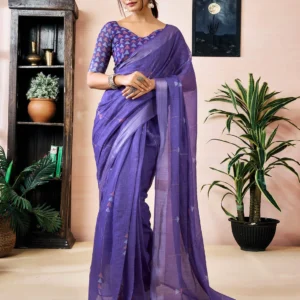 ready to wear purple linen printed saree
