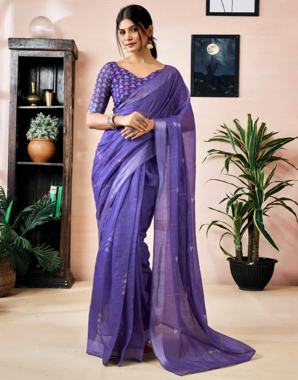 ready to wear purple linen printed saree