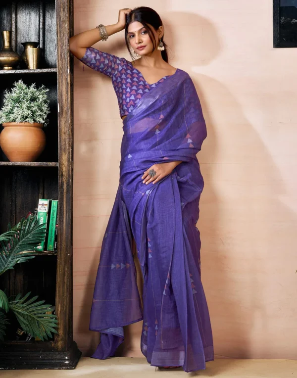ready to wear purple linen printed saree