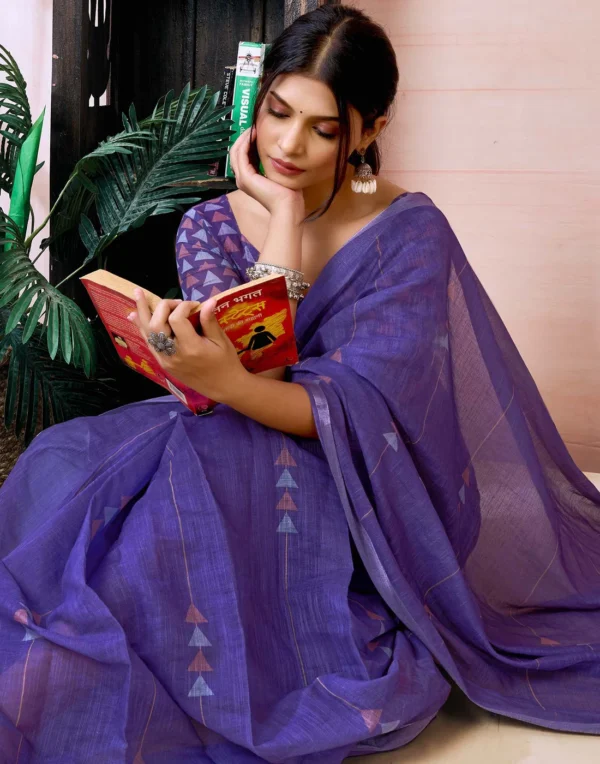 ready to wear purple linen printed saree