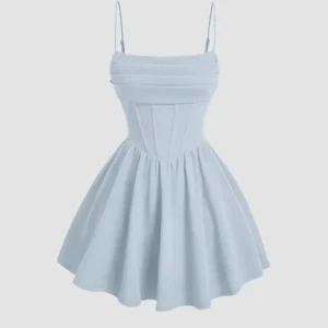 pleated waist cami short dress in ice blue