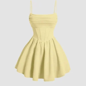 pleated waist cami short dress in gt vanilla