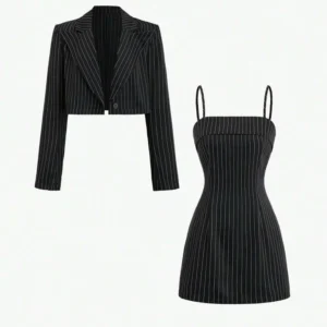 striped shirt with lapel collar & spaghetti strap dress set