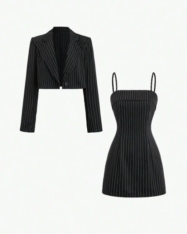 striped shirt with lapel collar & spaghetti strap dress set