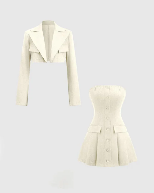 turndown collar blazer & bustier two piece dress in off white
