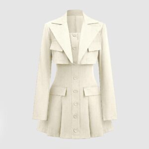 turndown collar blazer bustier two piece dress in off white full view