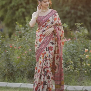 beige floral printed silk saree